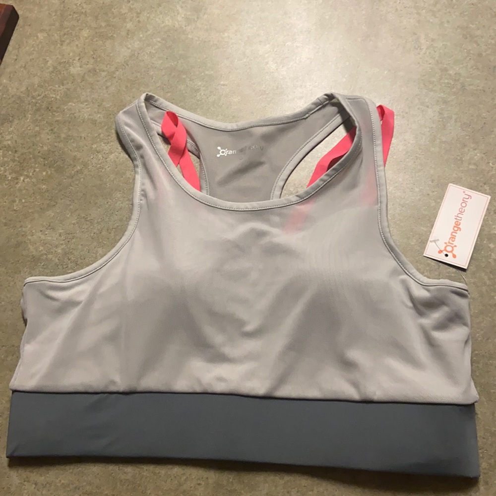 NWT orange theory grey pink racerback sports bra L